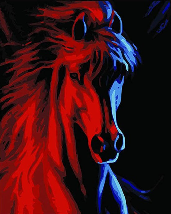 Caballo Rojo y Azul con Fondo Negro Pintar por Números
