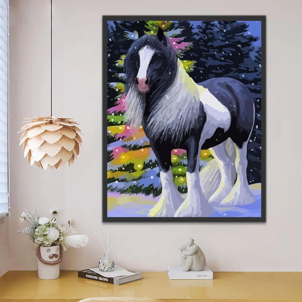 Caballo y Árbol con Luces Pequeñas Coloridas Pintar por Números