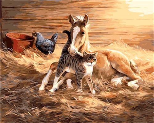 Caballo y Gallina y Gato en Caballeriza Pintar por Números