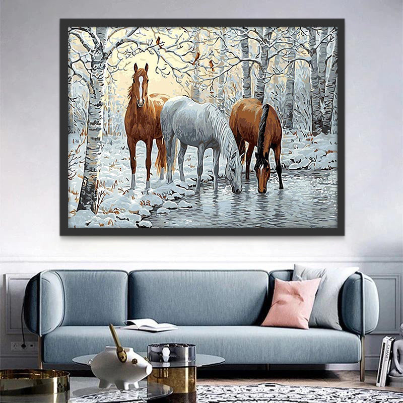 Caballos Bebiendo Agua en Bosque de Invierno Pintar por Números