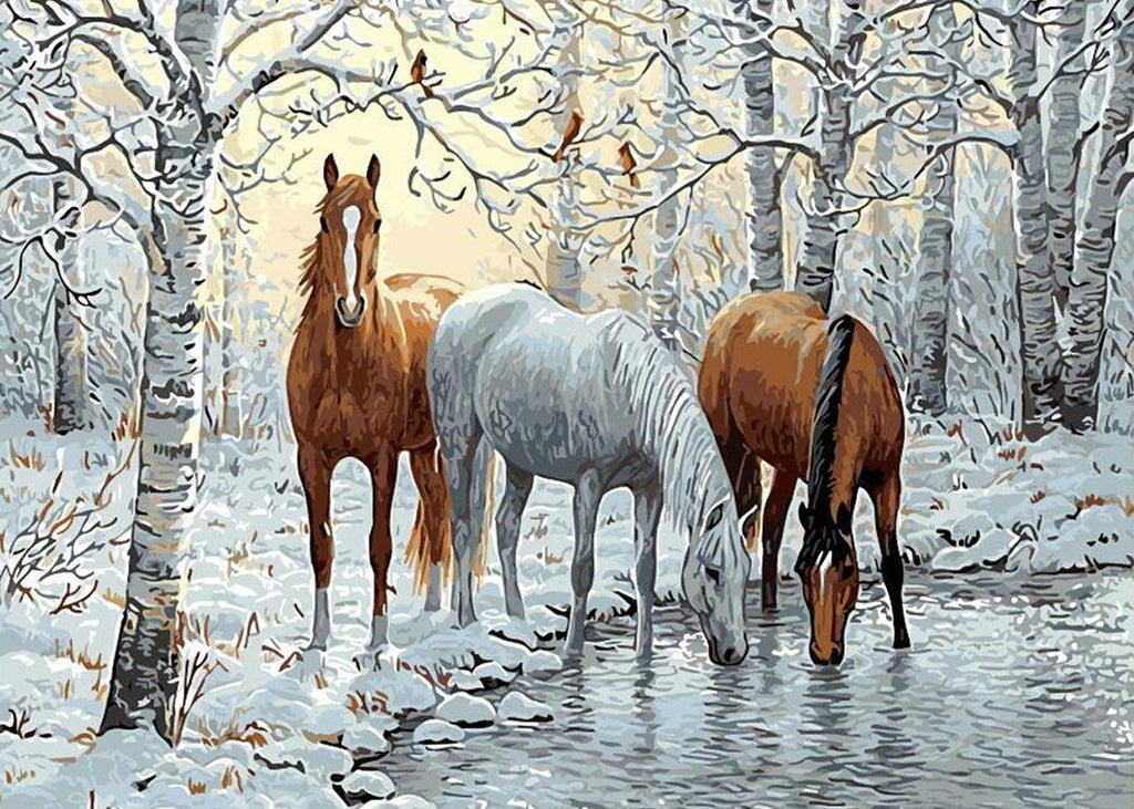Caballos Bebiendo Agua en Bosque de Invierno Pintar por Números