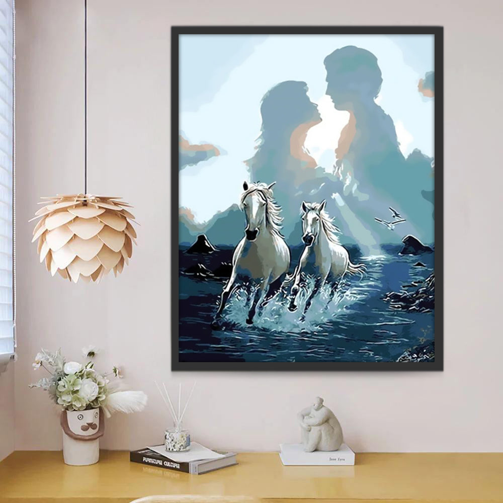 Caballos Corriendo en Mar y Silueta de Pareja Pintar por Números