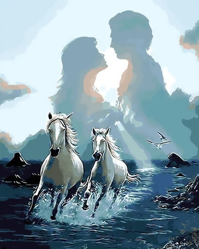Caballos Corriendo en Mar y Silueta de Pareja Pintar por Números