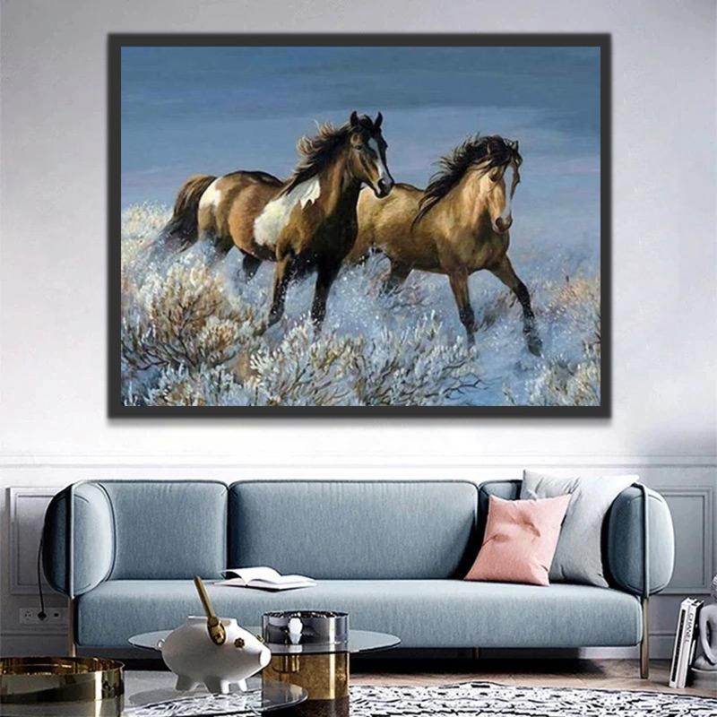 Caballos Corriendo y Árboles en Invierno Pintar por Números