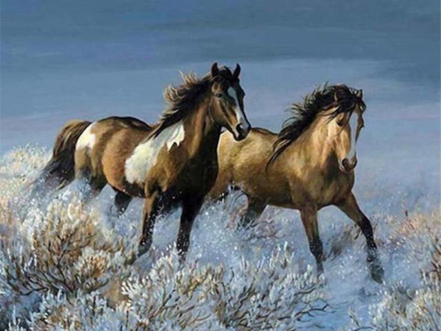 Caballos Corriendo y Árboles en Invierno Pintar por Números