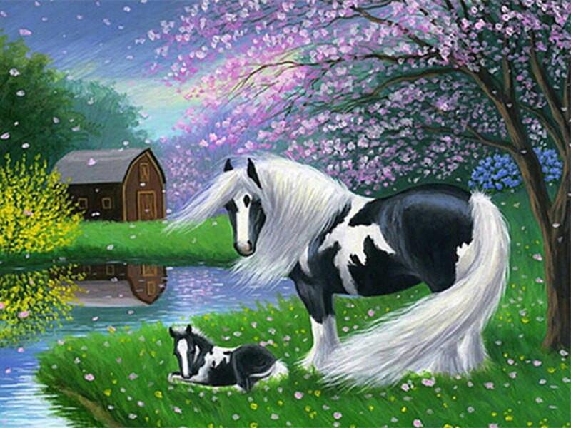 Caballos en Hierba Verde y Árbol de Flores Rosadas Pintar por Números
