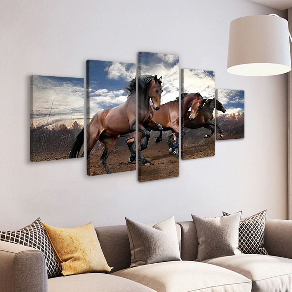 Caballos Marrones Corriendo Bajo Cielo Azul 5 Partes Pintar por Números