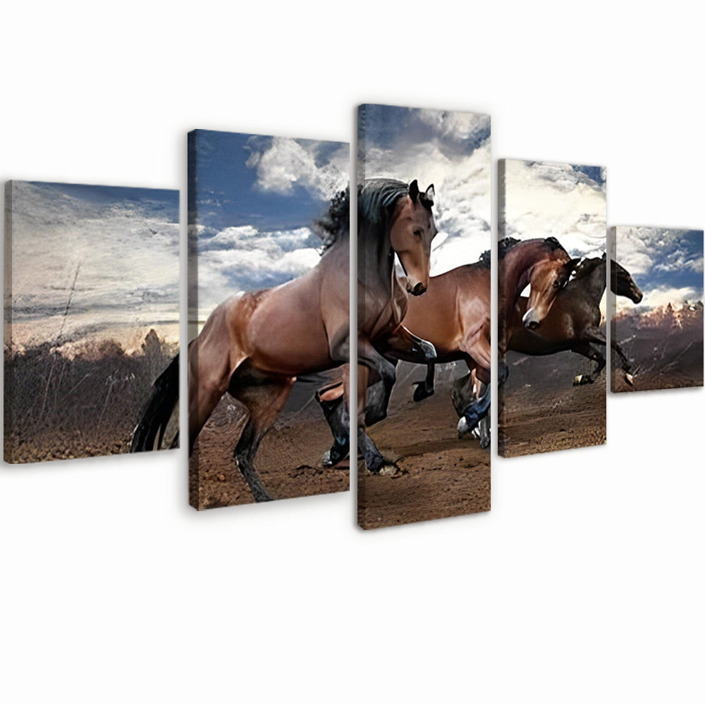 Caballos Marrones Corriendo Bajo Cielo Azul 5 Partes Pintar por Números