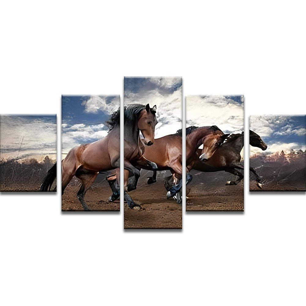 Caballos Marrones Corriendo Bajo Cielo Azul 5 Partes Pintar por Números