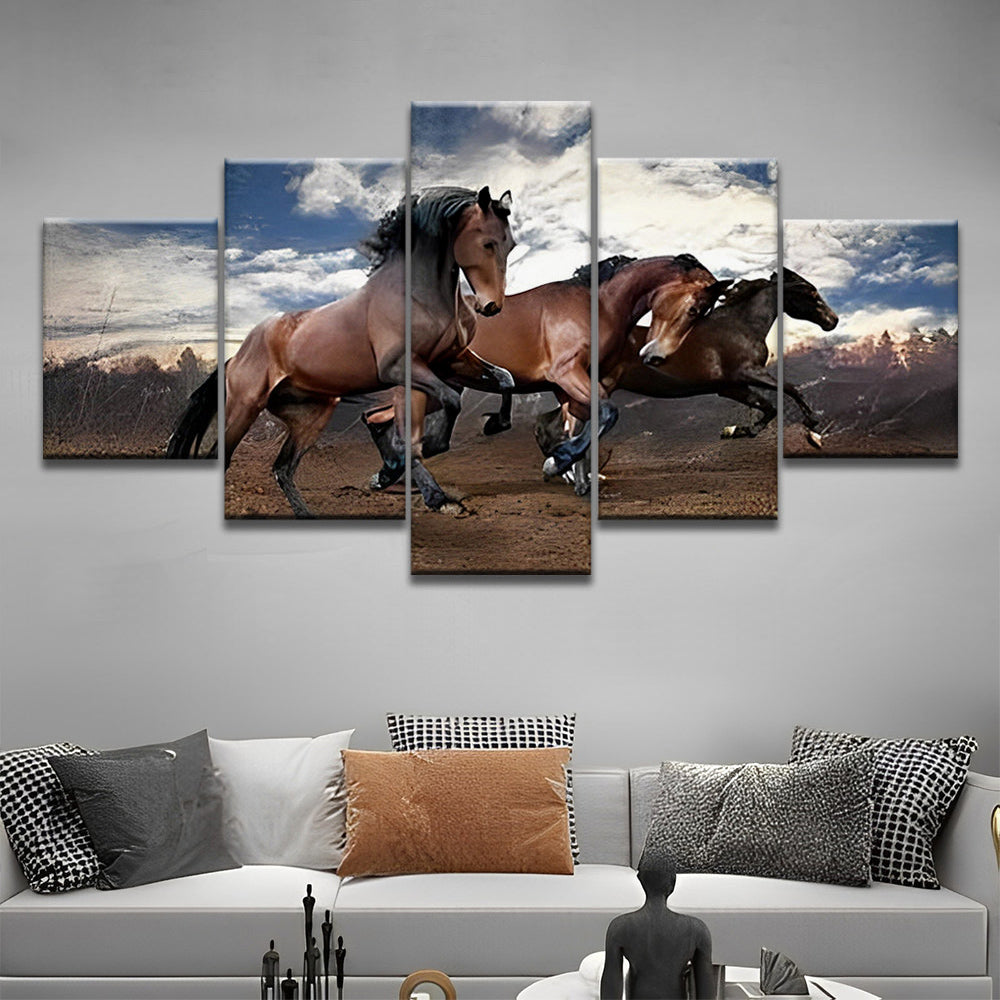Caballos Marrones Corriendo Bajo Cielo Azul 5 Partes Pintar por Números