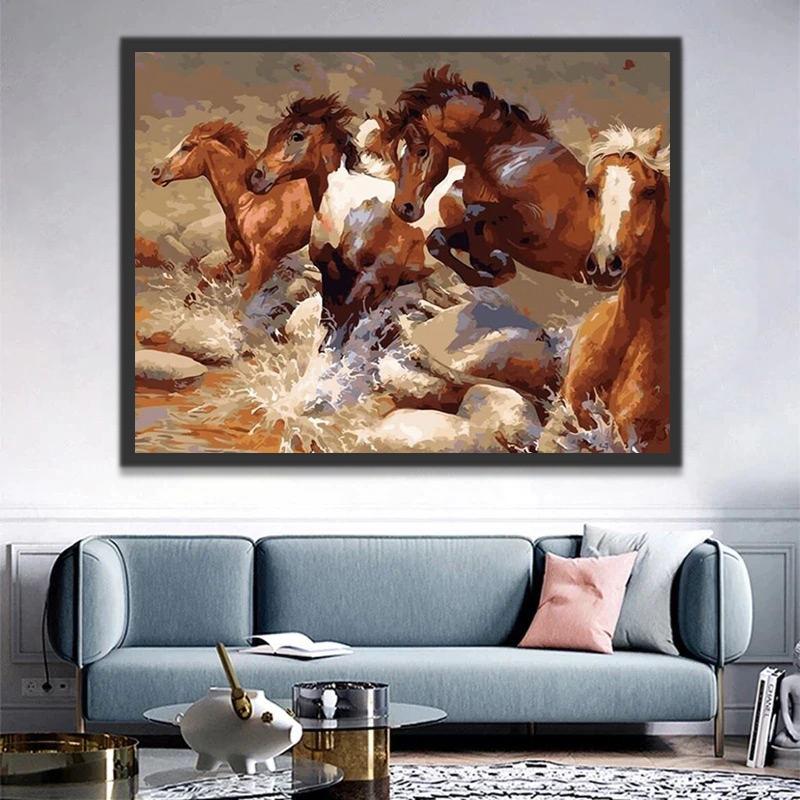 Caballos Marrones Corriendo en Arroyo Pintar por Números
