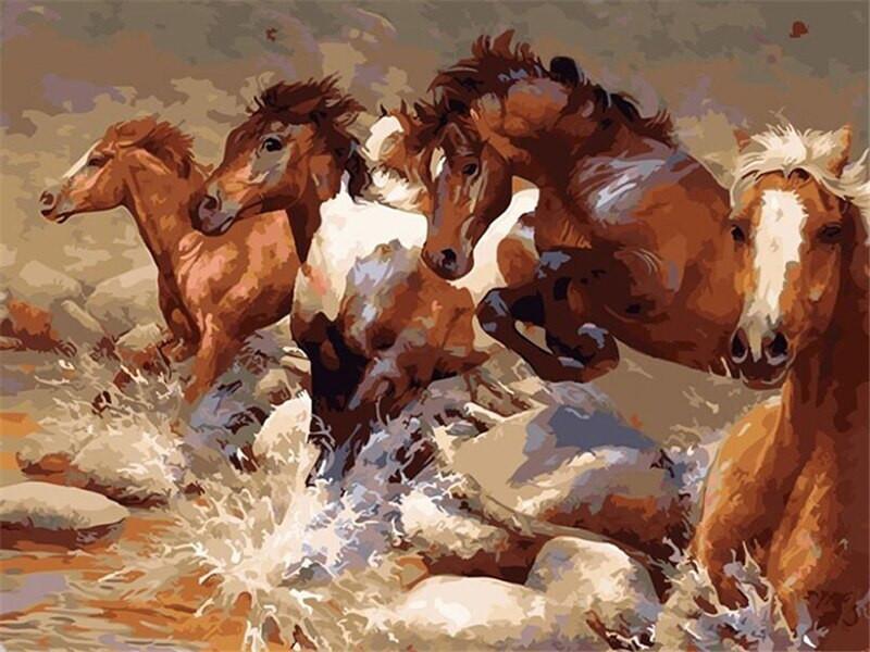 Caballos Marrones Corriendo en Arroyo Pintar por Números