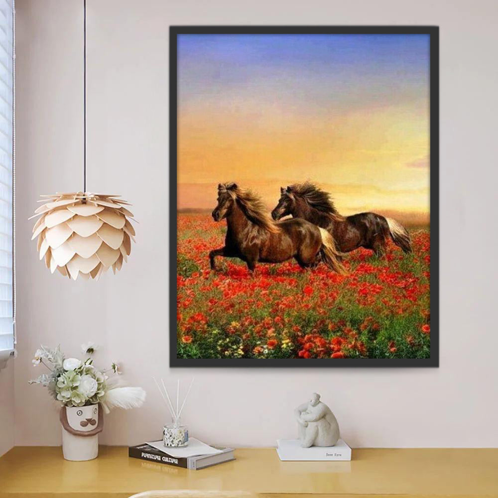 Caballos Marrones Corriendo en las Flores Rojas Pintar por Números