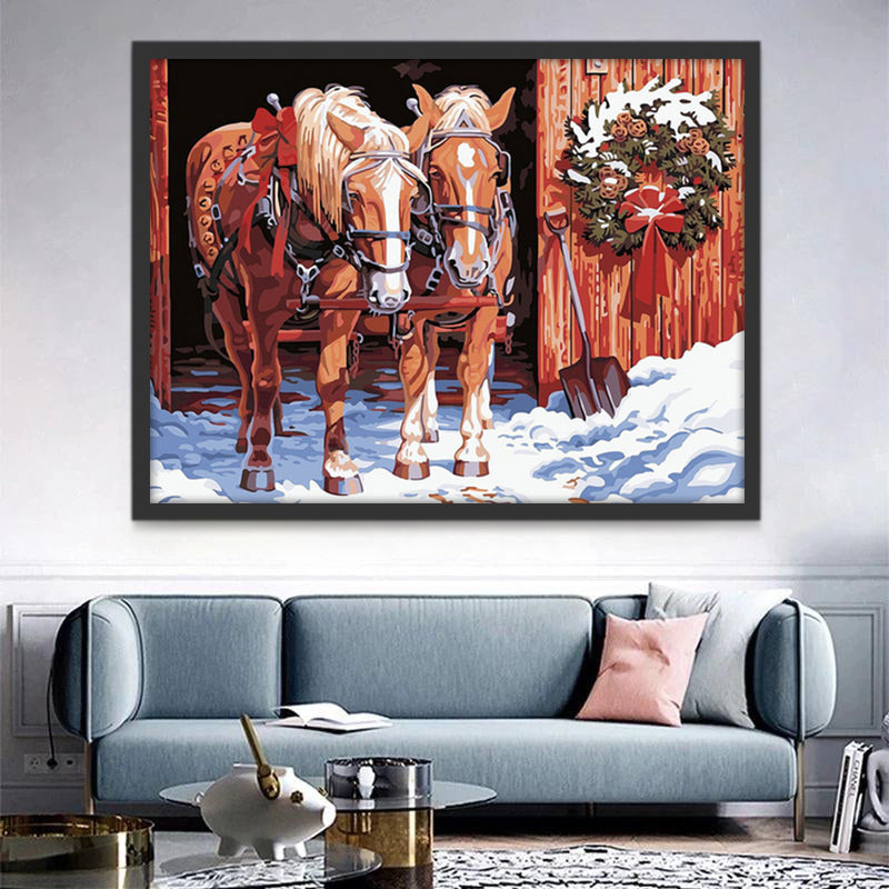 Caballos Marrones y Guirnalda de Navidad Pintar por Números
