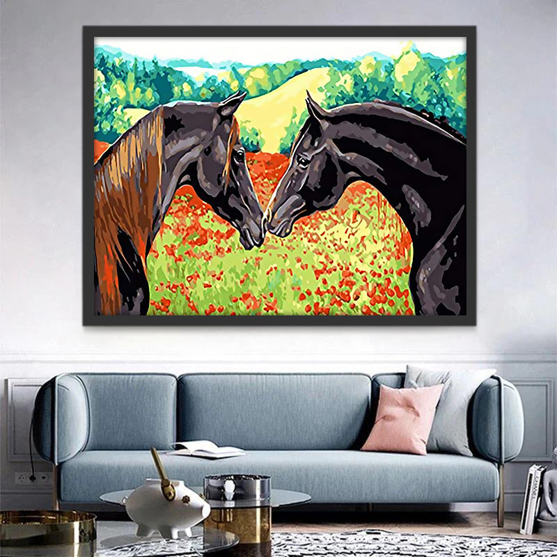 Caballos Negros en Amor y las Flores Rojas Pintar por Números