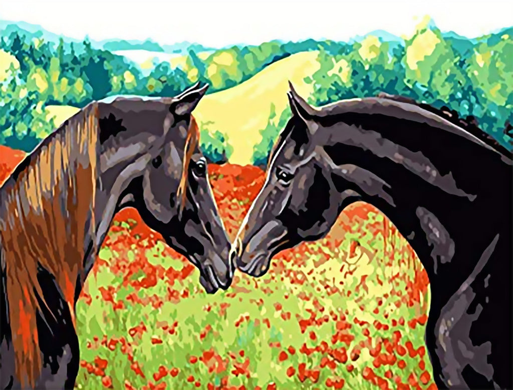 Caballos Negros en Amor y las Flores Rojas Pintar por Números