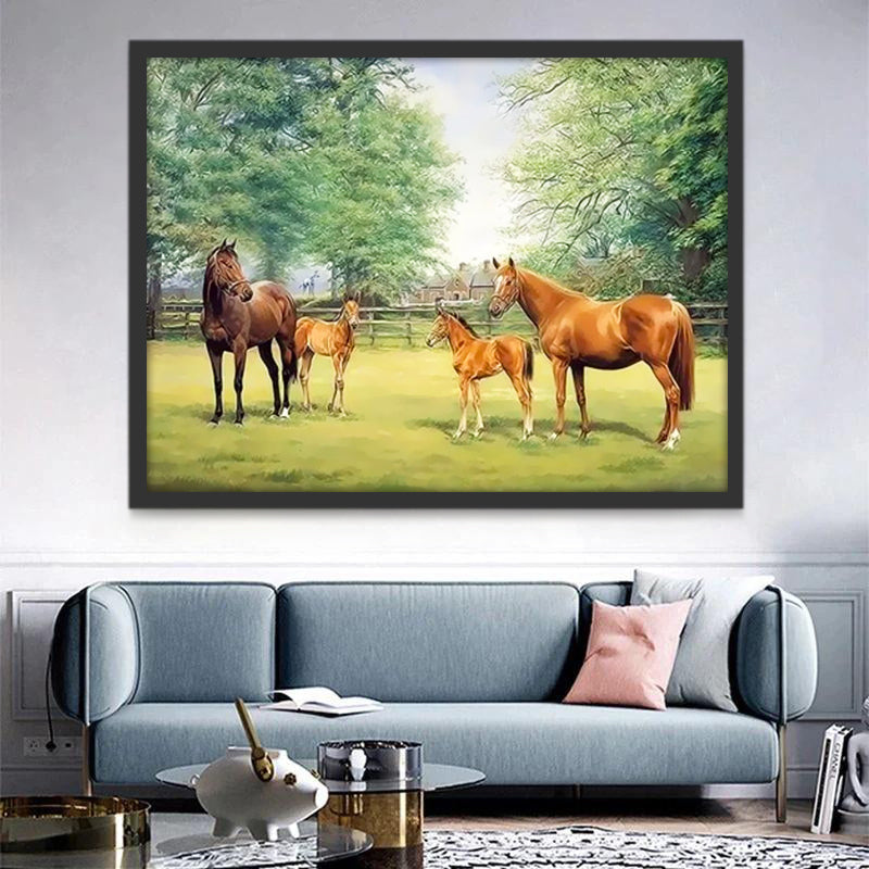 Caballos sobre Césped con Árboles Pintar por Números