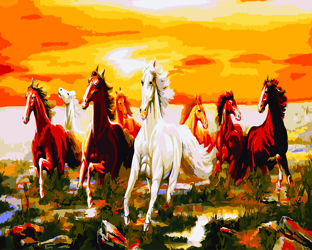 Caballos Volando en el Cielo y Puesta del Sol Pintar por Números