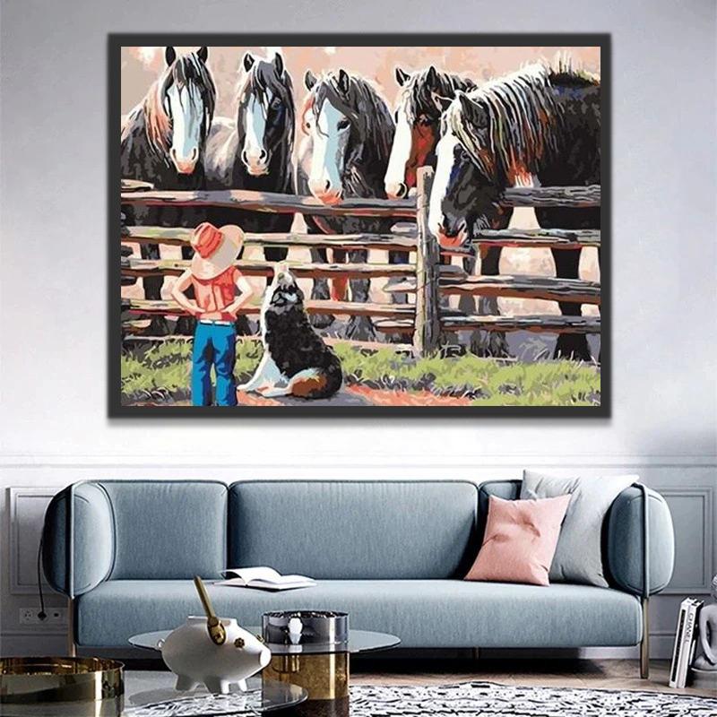 Caballos y Valla con Perro y Niña Pintar por Números