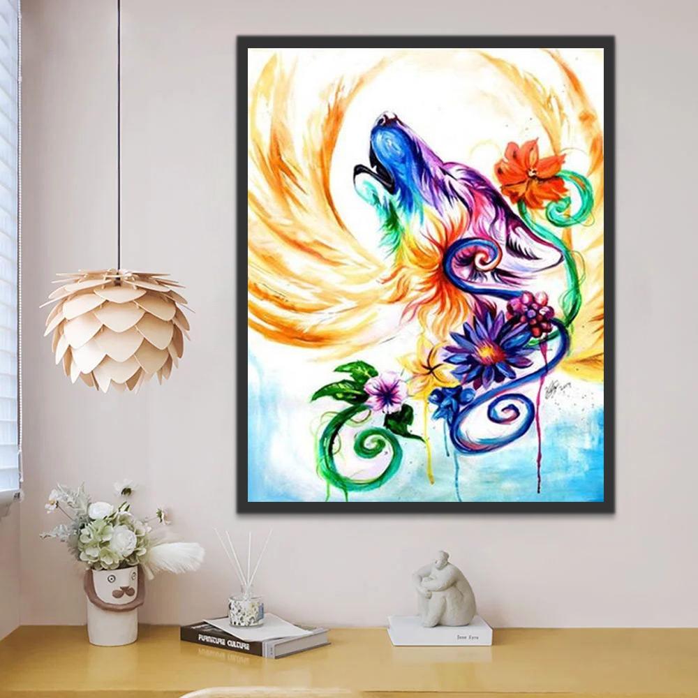 Cabeza Colorida de Lobo con Alas Doradas y Flores Pintar por Números