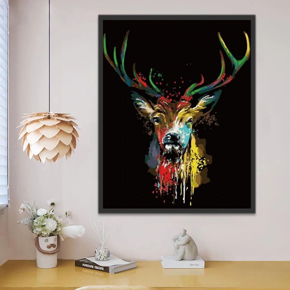 Cabeza de Ciervo Colorido con Fondo Negro Pintar por Números