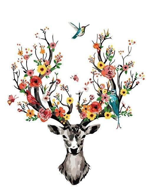Cabeza de Ciervo con Cuernos Florales y Colibríes Pintar por Números