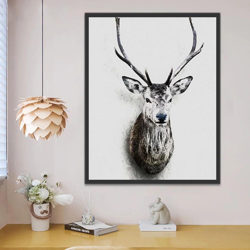 Cabeza de Ciervo Decoración en Blanco y Negro Pintar por Números