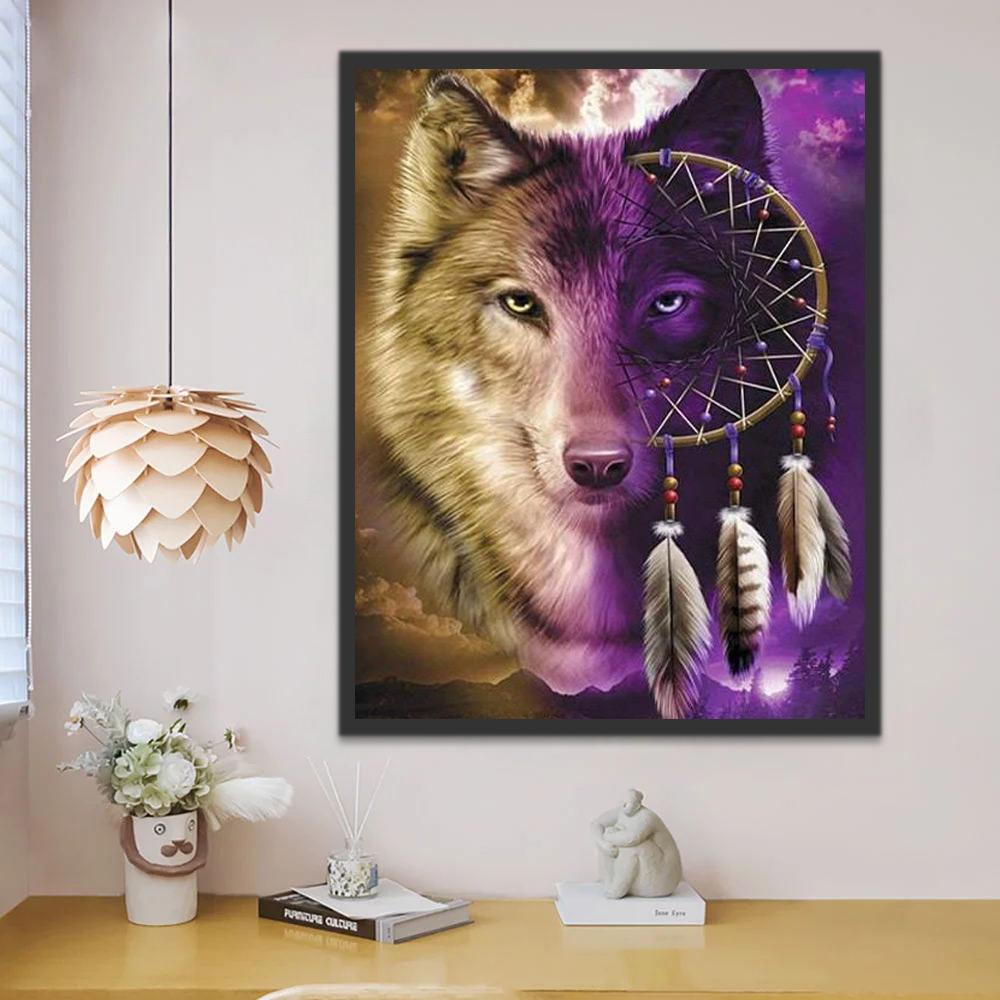 Cabeza de Lobo de Dos Colores en Atrapasueños Pintar por Números