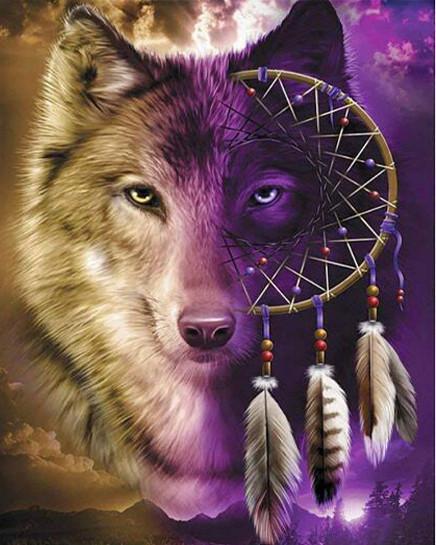 Cabeza de Lobo de Dos Colores en Atrapasueños Pintar por Números