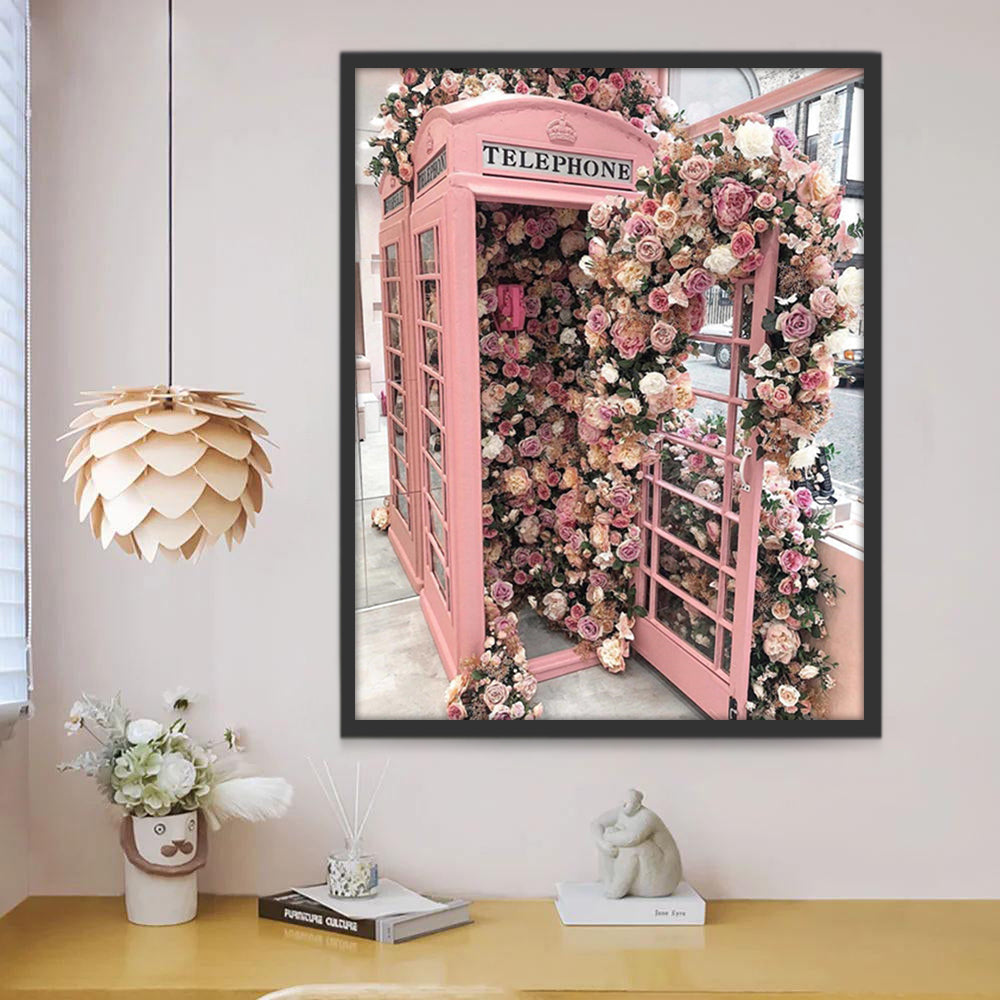 Cabina Rosada Telefónica Decorada de Flores Rosadas Pintar por Números