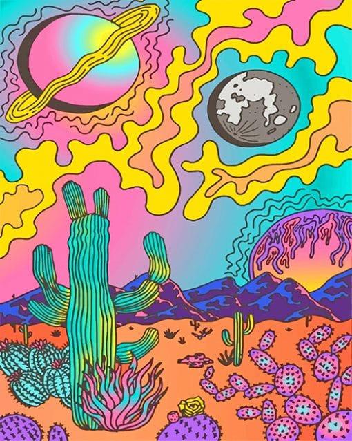 Cactos en Desierto y Planetas en Cielo Pintar por Números