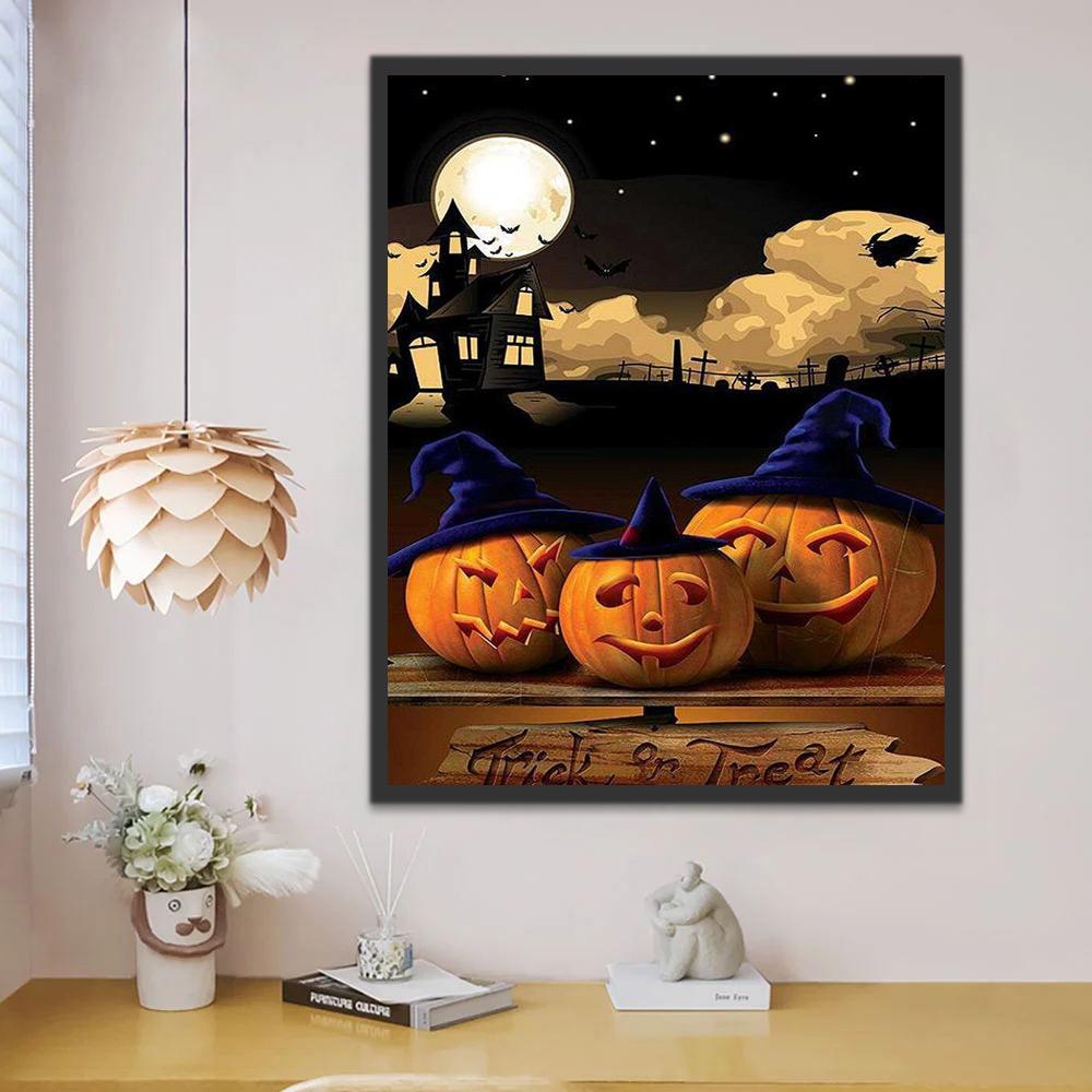Calabazas con Sombrero Azul de Bruja Pintar por Números