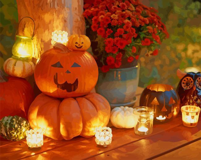 Calabazas con Velas y Flores Pintar por Números