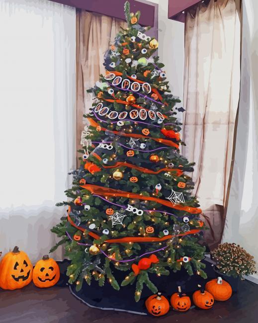 Calabazas y Árbol de Halloween Pintar por Números