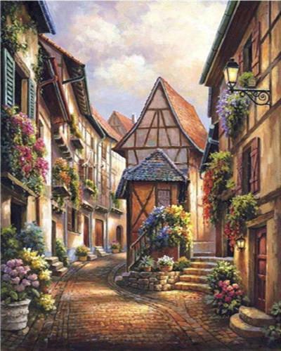 Calle Antigua con Flores de Ciudad Pintar por Números