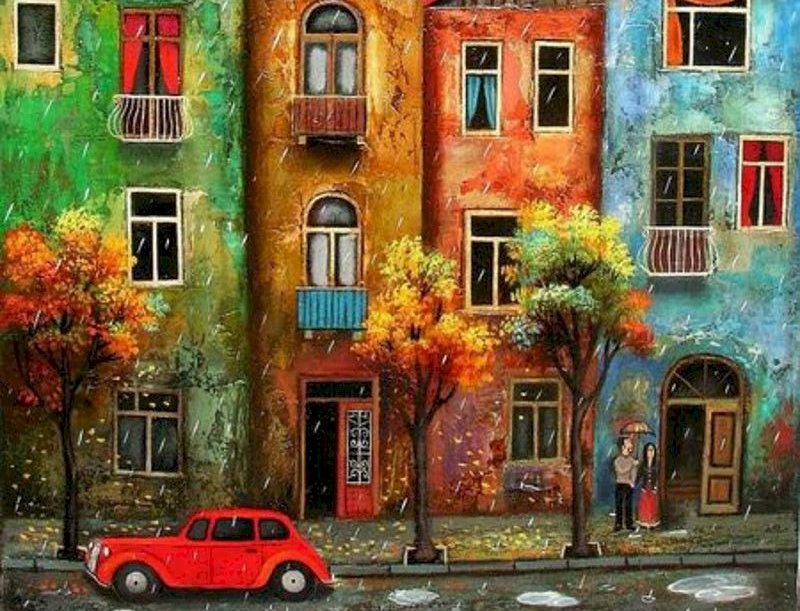 Calle con Casas Coloridas en la Lluvia Pintar por Números