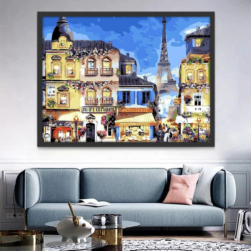 Calle con Tiendas y Torre Eiffel Pintar por Números
