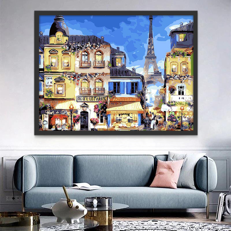 Calle con Tiendas y Torre Eiffel Pintar por Números