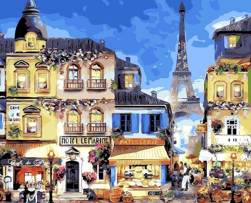 Calle con Tiendas y Torre Eiffel Pintar por Números