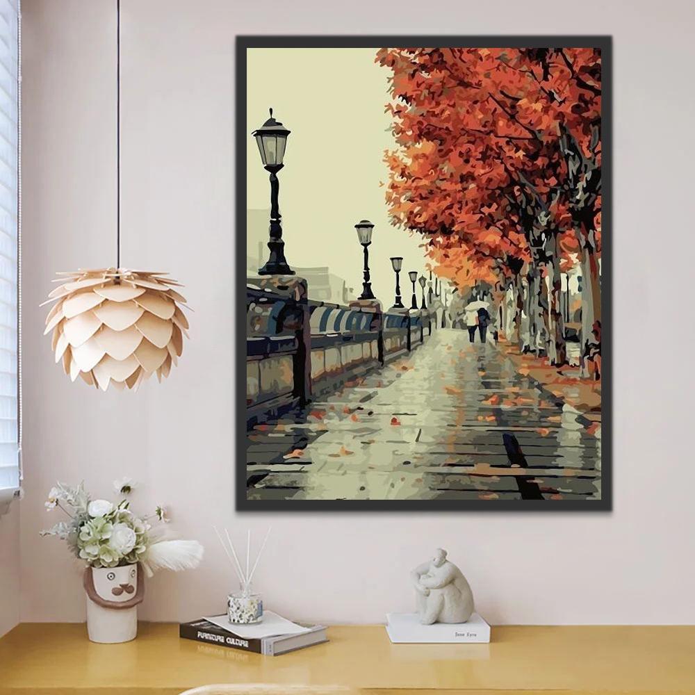 Calle de Ciudad con Árboles de Otoño Pintar por Números