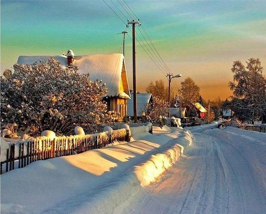 Calle del Pueblo con el Sol en el Invierno Pintar por Números