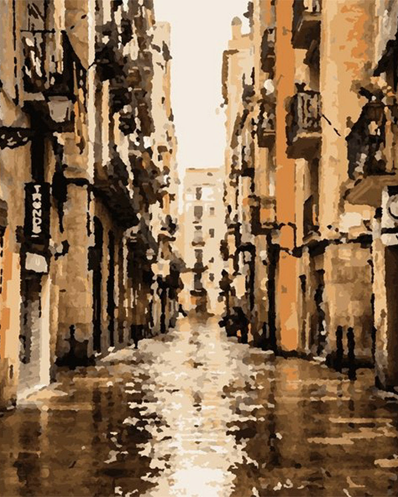 Calle entre Casas Antiguas en la Lluvia Pintar por Números