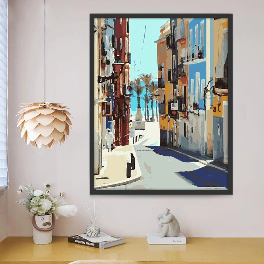 Calle entre Casas de Pueblo Costero Pintar por Números