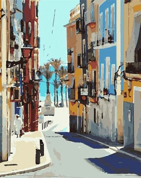 Calle entre Casas de Pueblo Costero Pintar por Números