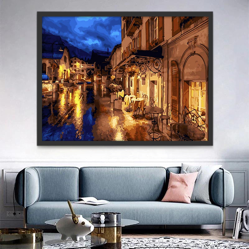 Calle Iluminada con Casas en la Noche Pintar por Números