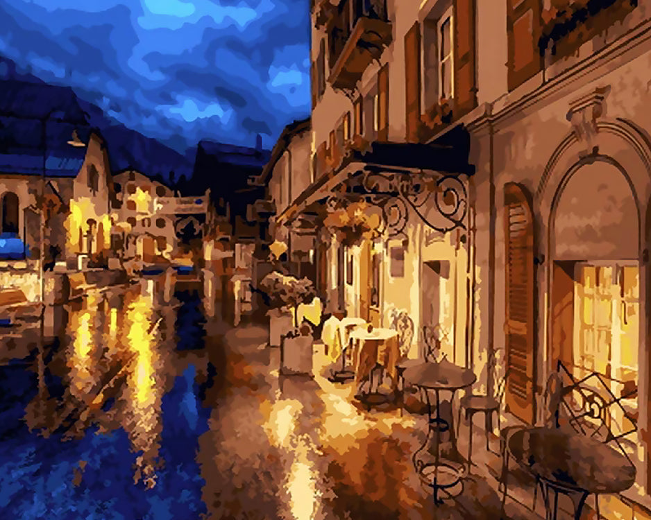 Calle Iluminada con Casas en la Noche Pintar por Números