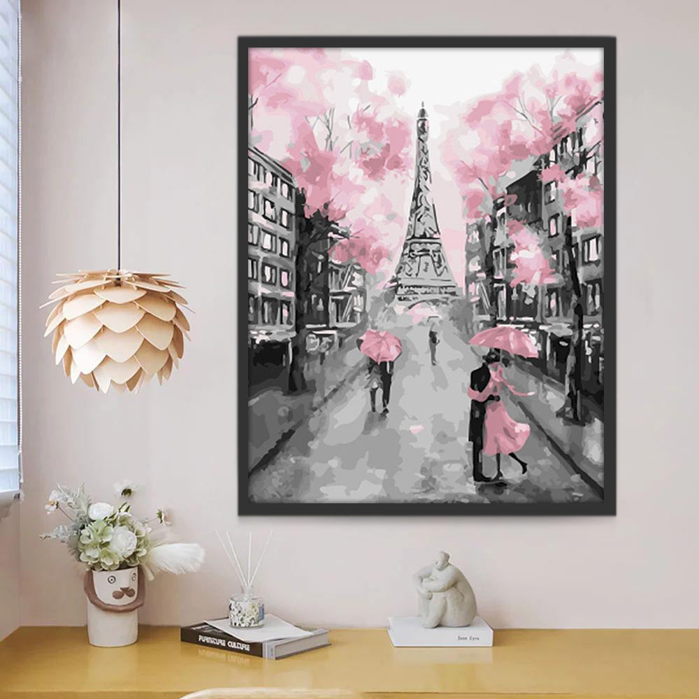 Calle y Árboles Rosados y Torre Eiffel Pintar por Números