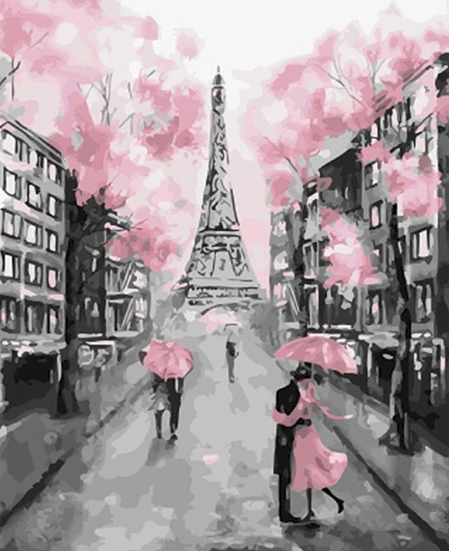 Calle y Árboles Rosados y Torre Eiffel Pintar por Números