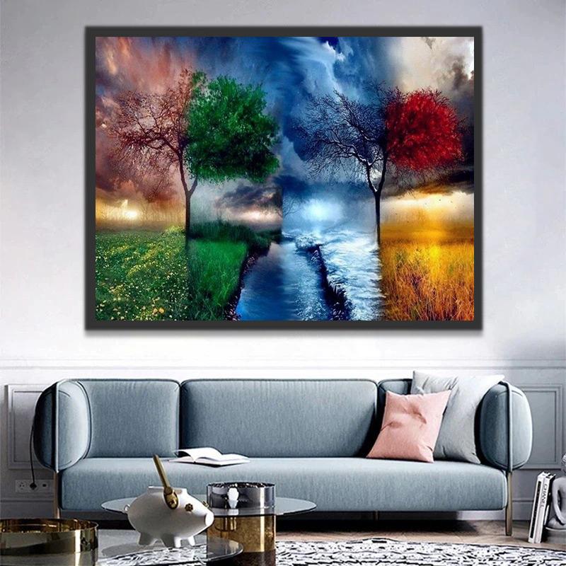 Cambio de Cuatro Estaciones en Árbol y Paisaje Pintar por Números