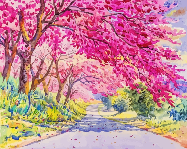 Camino Bajo Árboles Rosados Pintar por Números